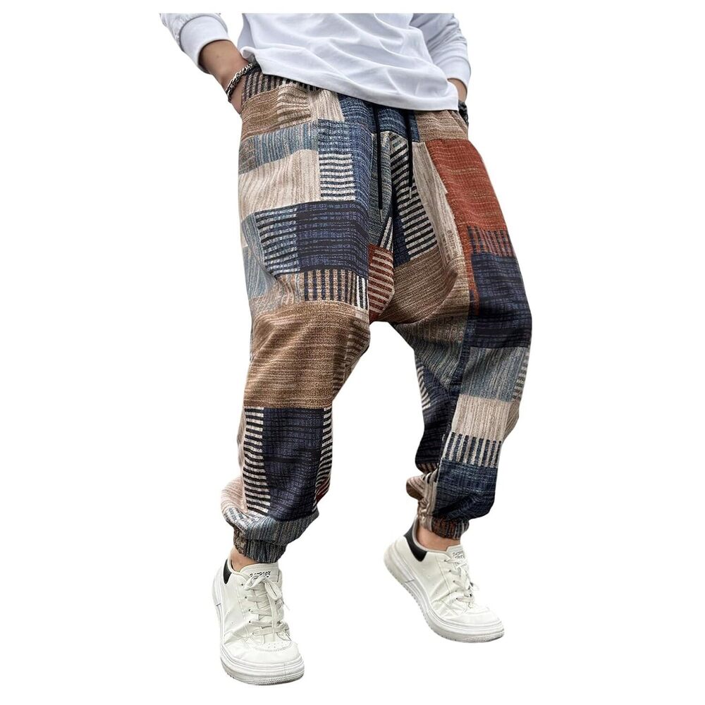 Men's Color Patchwork Hippie Harem Pants Baggy Vintage Boho Pants Summer